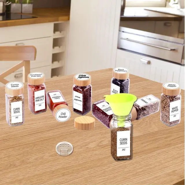 Alt view image 5 of 7 - 24 Pcs Glass Spice Jars with Labels, Square Spice Jars with Bamboo Lids, 4 oz Empty Spice Bottles with Shaker Lids, Seasoning Spice Storage Containers Bottles