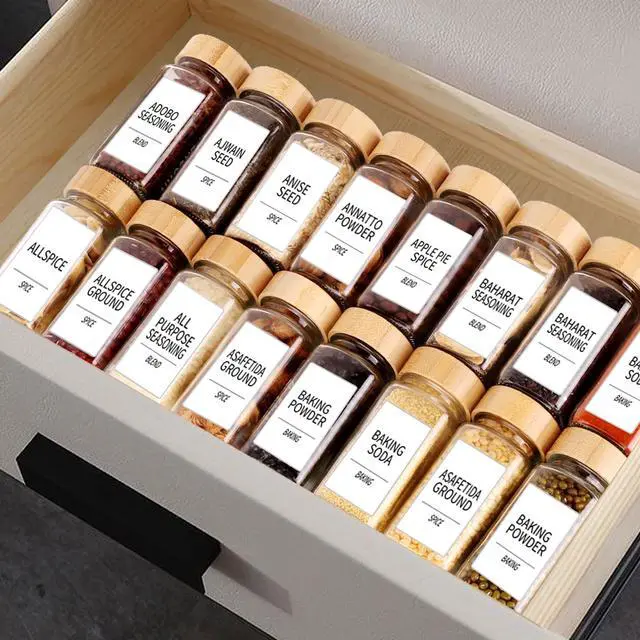 Alt view image 4 of 7 - 24 Pcs Glass Spice Jars with Labels, Square Spice Jars with Bamboo Lids, 4 oz Empty Spice Bottles with Shaker Lids, Seasoning Spice Storage Containers Bottles