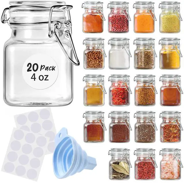 Main image of Spice Jars 20 Pack Small 4 oz Glass Jars with Airtight Hinged Lids, Spice Herb Jars with Labels and Silicone Funnels, 4oz Glass Jars with Lids Ideal for Spice Herbs