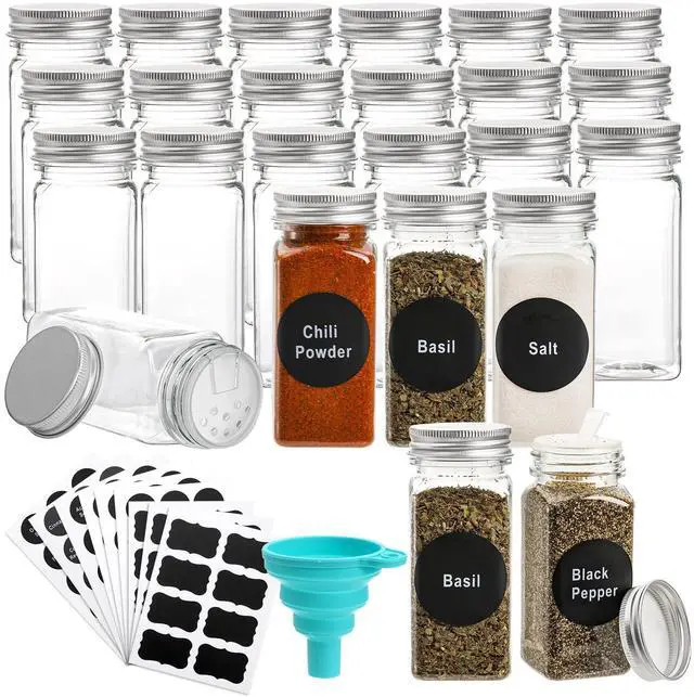 Main image of 24 Pack Plastic Spice Jars, 4 oz Spice Bottle Square Seasoning Containers, Reusable Salt Pepper Shaker with Airtight Lid Labels and Funnel for Spice, Herbs, Powder and Glitters
