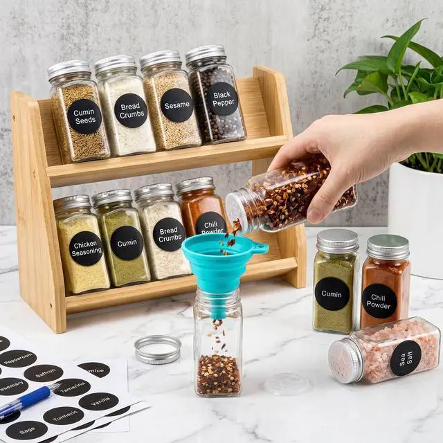 Alt view image 3 of 7 - 24 Pack Plastic Spice Jars, 4 oz Spice Bottle Square Seasoning Containers, Reusable Salt Pepper Shaker with Airtight Lid Labels and Funnel for Spice, Herbs, Powder and Glitters