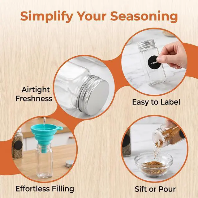 Alt view image 5 of 7 - 24 Pack Plastic Spice Jars, 4 oz Spice Bottle Square Seasoning Containers, Reusable Salt Pepper Shaker with Airtight Lid Labels and Funnel for Spice, Herbs, Powder and Glitters