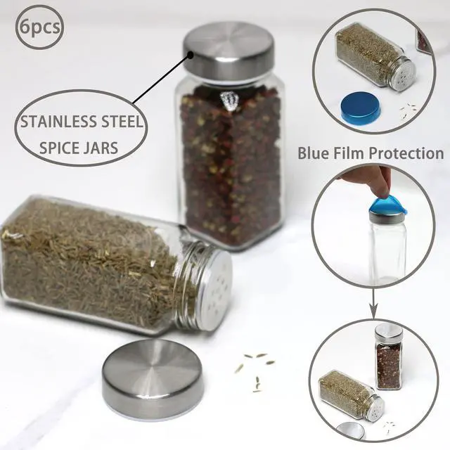 Alt view image 2 of 6 - 6pcs Spice Jars, 4 oz Glass Seasoning Bottles, Spices Container, Empty Spice Jars, Square Spice Bottles with Airtight Stainless Steel Caps with Shaker Lid