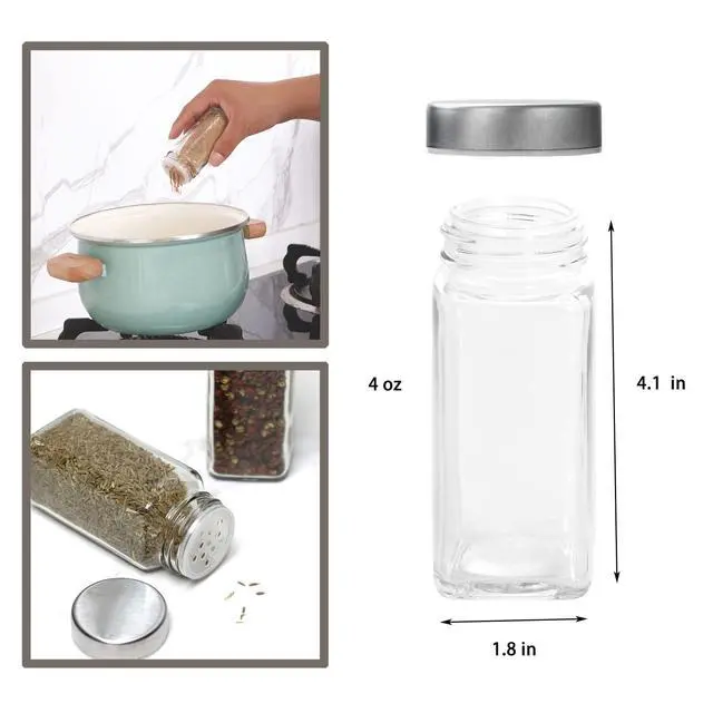 Alt view image 3 of 6 - 6pcs Spice Jars, 4 oz Glass Seasoning Bottles, Spices Container, Empty Spice Jars, Square Spice Bottles with Airtight Stainless Steel Caps with Shaker Lid