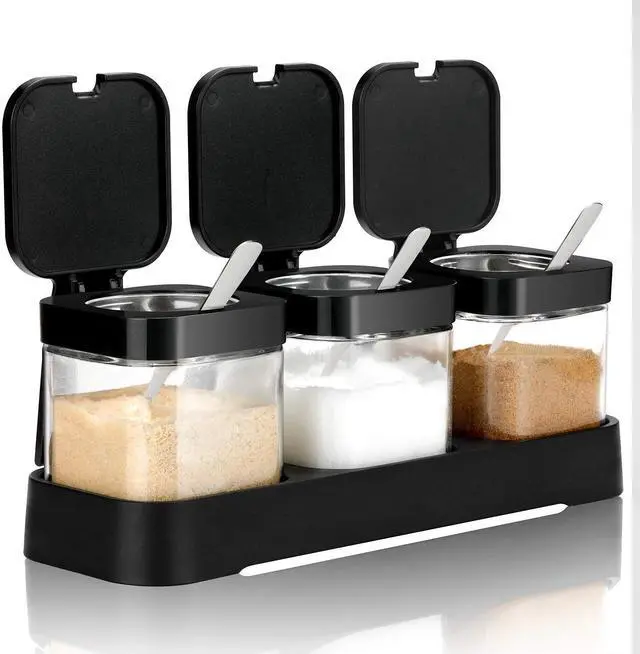 Main image of Condiment Jar Spice Container with Lids and Spoons, 8.6oz Clear Glass Condiment Canisters Pots Seasoning Box Salt Container Sugar Bowl Set of 3 for Kitchen, Containers, Black