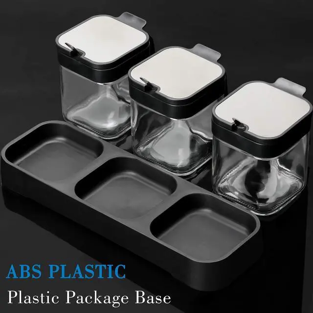 Alt view image 2 of 6 - Condiment Jar Spice Container with Lids and Spoons, 8.6oz Clear Glass Condiment Canisters Pots Seasoning Box Salt Container Sugar Bowl Set of 3 for Kitchen, Containers, Black