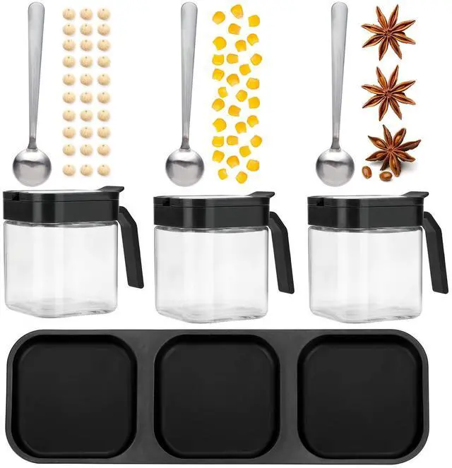 Alt view image 4 of 6 - Condiment Jar Spice Container with Lids and Spoons, 8.6oz Clear Glass Condiment Canisters Pots Seasoning Box Salt Container Sugar Bowl Set of 3 for Kitchen, Containers, Black