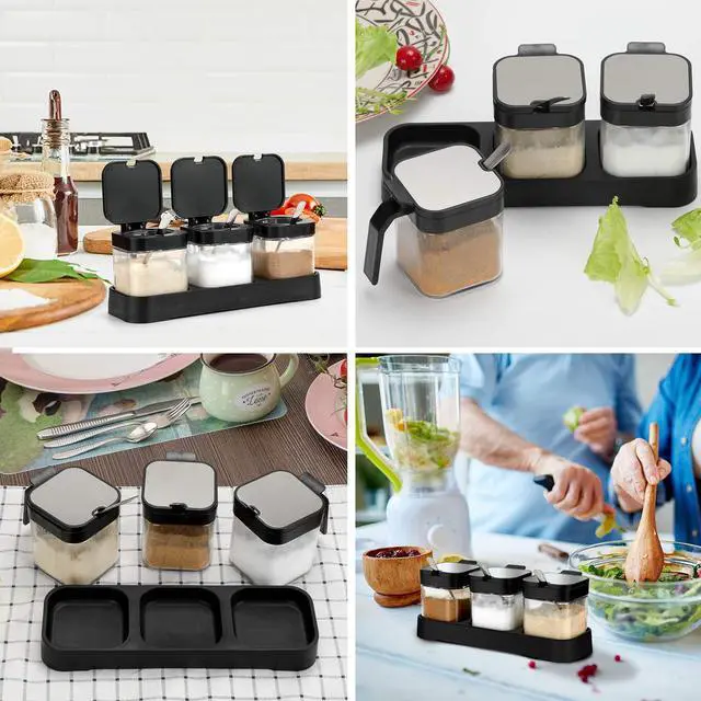 Alt view image 5 of 6 - Condiment Jar Spice Container with Lids and Spoons, 8.6oz Clear Glass Condiment Canisters Pots Seasoning Box Salt Container Sugar Bowl Set of 3 for Kitchen, Containers, Black