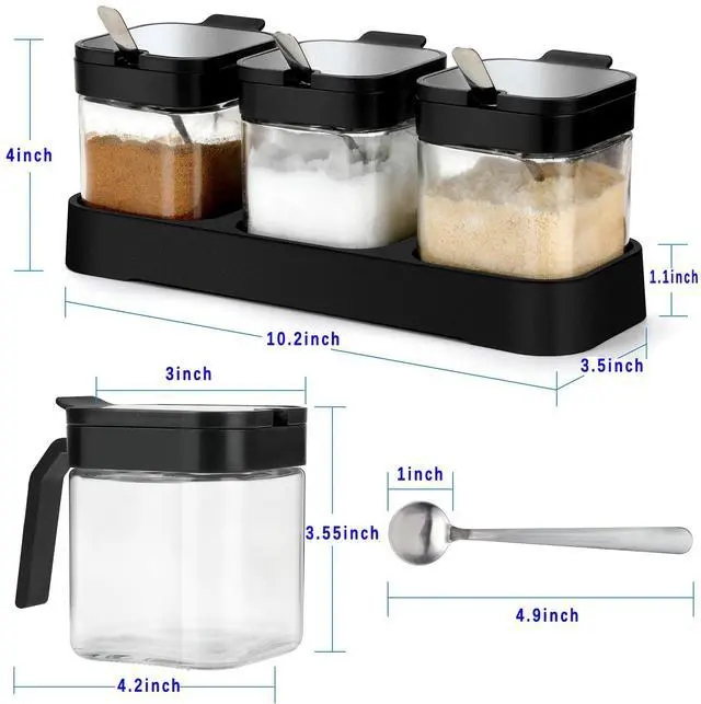 Alt view image 6 of 6 - Condiment Jar Spice Container with Lids and Spoons, 8.6oz Clear Glass Condiment Canisters Pots Seasoning Box Salt Container Sugar Bowl Set of 3 for Kitchen, Containers, Black