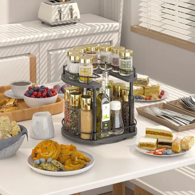 Alt view image 2 of 7 - Lazy-Susan-Spice-Rack -Organizer For Cabinet With Adjustable Height, 12 inch Rotating Seasoning Holder Spice Organization For Pantry, 2-Tier Kitchen Counter Shelf Countertop Organizer
