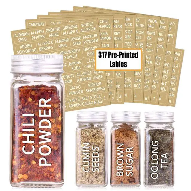 Alt view image 2 of 6 - 36 Glass Spice Jars with 703 Spice Labels, Empty Square Spice Bottles 4 oz with Pour/Sift Shaker Lid, Airtight Cap, Chalk Marker and Funnel Complete Set