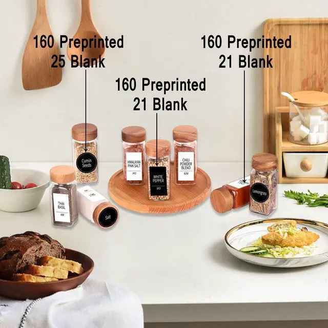 Alt view image 3 of 6 - 24 Spice Jars with 547 Labels - Glass Spice Jars with Shaker Lids - 4 Oz Square Spice Containers with Acacia Wood Lids, Chalk Pen, Funnel- Seasoning Jars for Spice Rack, Cabinet, or Drawer
