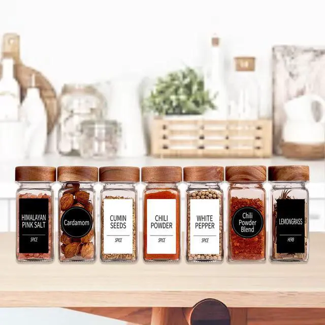 Alt view image 2 of 6 - 24 Spice Jars with 547 Labels - Glass Spice Jars with Shaker Lids - 4 Oz Square Spice Containers with Acacia Wood Lids, Chalk Pen, Funnel- Seasoning Jars for Spice Rack, Cabinet, or Drawer