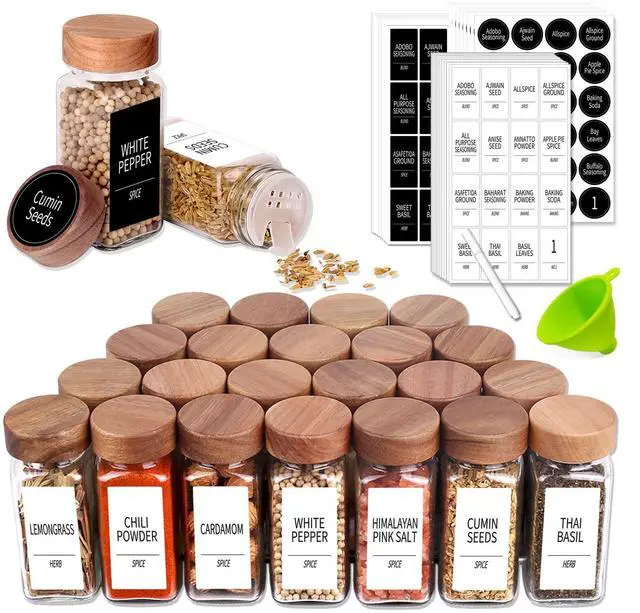 Main image of 24 Spice Jars with 547 Labels - Glass Spice Jars with Shaker Lids - 4 Oz Square Spice Containers with Acacia Wood Lids, Chalk Pen, Funnel- Seasoning Jars for Spice Rack, Cabinet, or Drawer