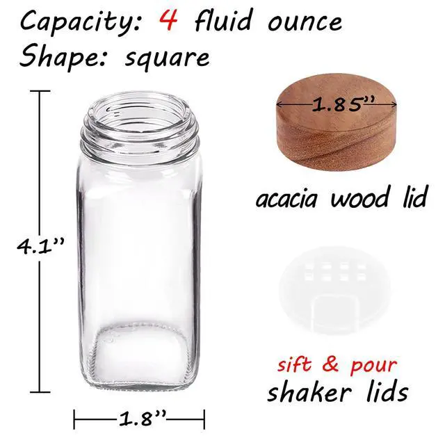 Alt view image 4 of 6 - 24 Spice Jars with 547 Labels - Glass Spice Jars with Shaker Lids - 4 Oz Square Spice Containers with Acacia Wood Lids, Chalk Pen, Funnel- Seasoning Jars for Spice Rack, Cabinet, or Drawer