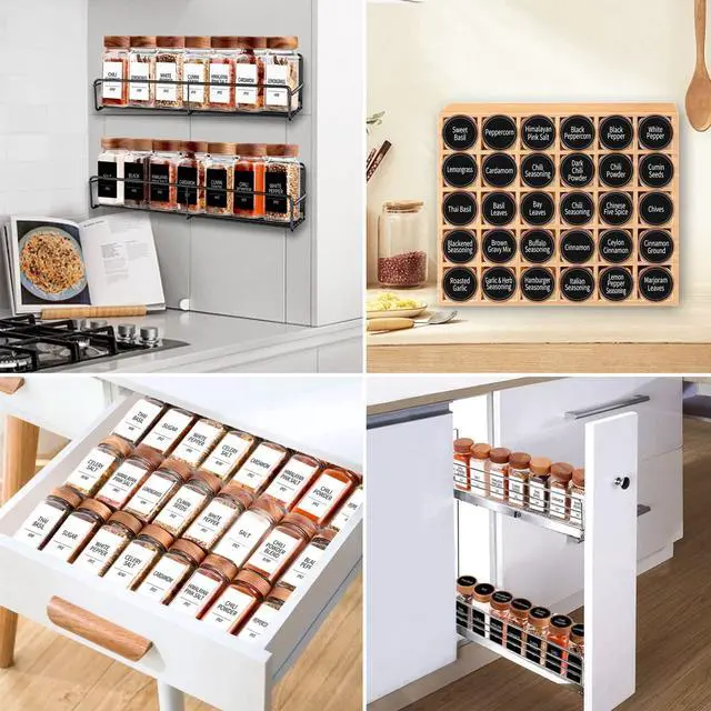Alt view image 6 of 6 - 24 Spice Jars with 547 Labels - Glass Spice Jars with Shaker Lids - 4 Oz Square Spice Containers with Acacia Wood Lids, Chalk Pen, Funnel- Seasoning Jars for Spice Rack, Cabinet, or Drawer