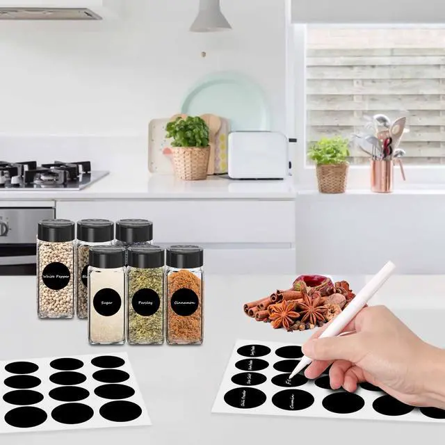 Alt view image 4 of 7 - 12 Pack Glass Spice Jars with Labels, 4oz Spices Containers Spice Jars with Black Shaker Lids, Empty Containers for Spice, Silicone Funnel and Pen Included
