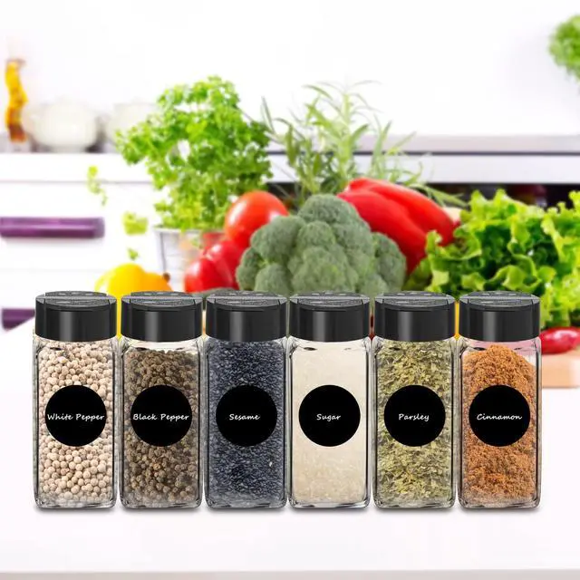 Alt view image 6 of 7 - 12 Pack Glass Spice Jars with Labels, 4oz Spices Containers Spice Jars with Black Shaker Lids, Empty Containers for Spice, Silicone Funnel and Pen Included