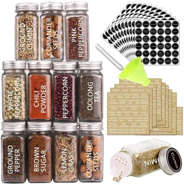 Main image of 36 Glass Spice Jars with 703 Spice Labels, Empty Square Spice Bottles 4 oz with Pour/Sift Shaker Lid, Airtight Cap, Chalk Marker and Funnel Complete Set