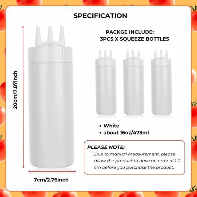 Alt view image 2 of 7 - 3pcs Seasoning Bottles - 3 Hole Squeeze for Ketchup, Mustard, Dressing, Salad or Sauce (16oz, White)