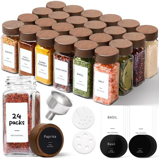 Main image of 24Pcs (4Oz) Glass Spice Jars with Label, Airtight Seasoning Containers with Lid for Home Cooks to Organizing Herbs, Sugar, Pepper, Salt, Glass Spice Bottles Organize Cabinet & Drawer