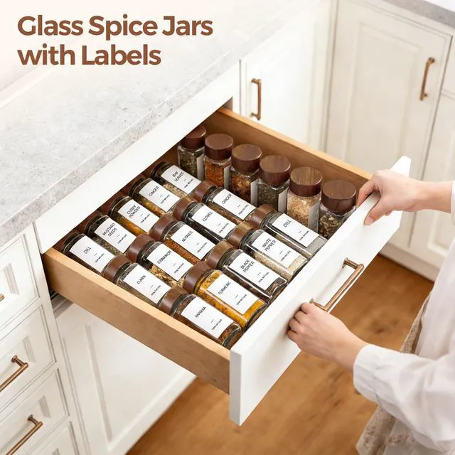 Alt view image 4 of 7 - 24Pcs (4Oz) Glass Spice Jars with Label, Airtight Seasoning Containers with Lid for Home Cooks to Organizing Herbs, Sugar, Pepper, Salt, Glass Spice Bottles Organize Cabinet & Drawer