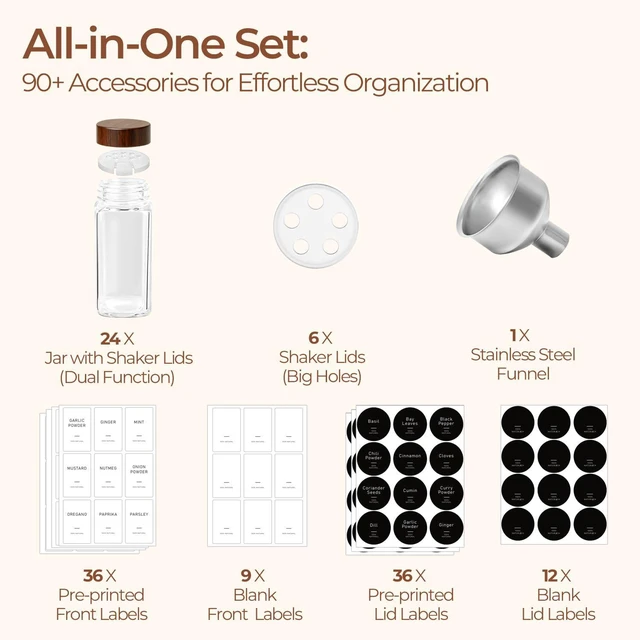 Alt view image 7 of 7 - 24Pcs (4Oz) Glass Spice Jars with Label, Airtight Seasoning Containers with Lid for Home Cooks to Organizing Herbs, Sugar, Pepper, Salt, Glass Spice Bottles Organize Cabinet & Drawer