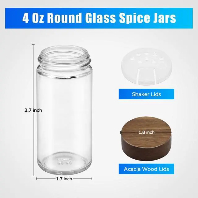 Alt view image 2 of 7 - 12 Pack Spice Jars with Acacia Lids, 4 oz Round Glass Jars Spice Containers Set with Labels, Pen, Funnel, Seasoning Storage Bottles with Shaker Lids for Rack, Cabinet, Drawer
