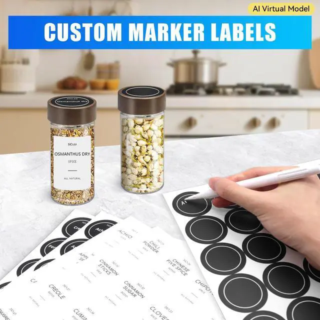 Alt view image 4 of 7 - 12 Pack Spice Jars with Acacia Lids, 4 oz Round Glass Jars Spice Containers Set with Labels, Pen, Funnel, Seasoning Storage Bottles with Shaker Lids for Rack, Cabinet, Drawer