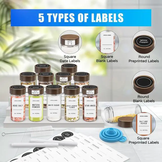 Alt view image 3 of 7 - 12 Pack Spice Jars with Acacia Lids, 4 oz Round Glass Jars Spice Containers Set with Labels, Pen, Funnel, Seasoning Storage Bottles with Shaker Lids for Rack, Cabinet, Drawer