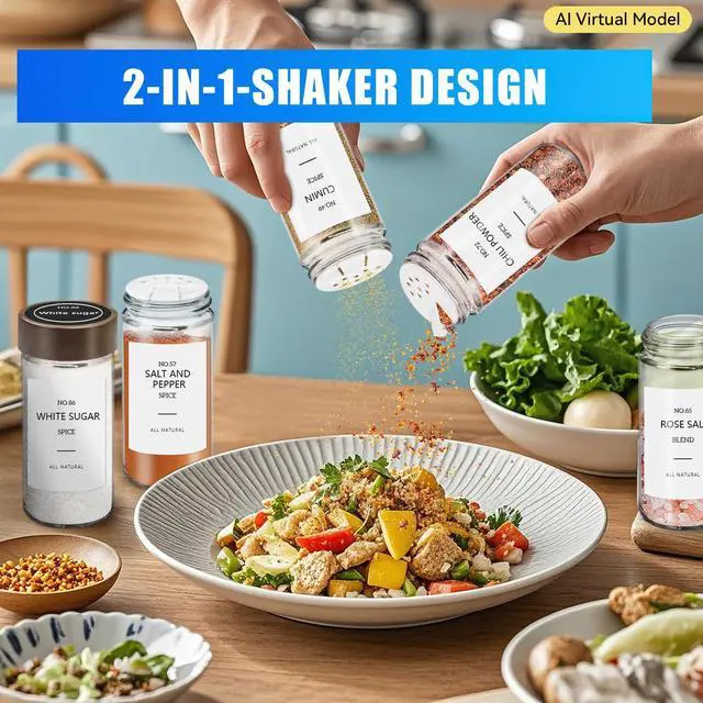 Alt view image 5 of 7 - 12 Pack Spice Jars with Acacia Lids, 4 oz Round Glass Jars Spice Containers Set with Labels, Pen, Funnel, Seasoning Storage Bottles with Shaker Lids for Rack, Cabinet, Drawer