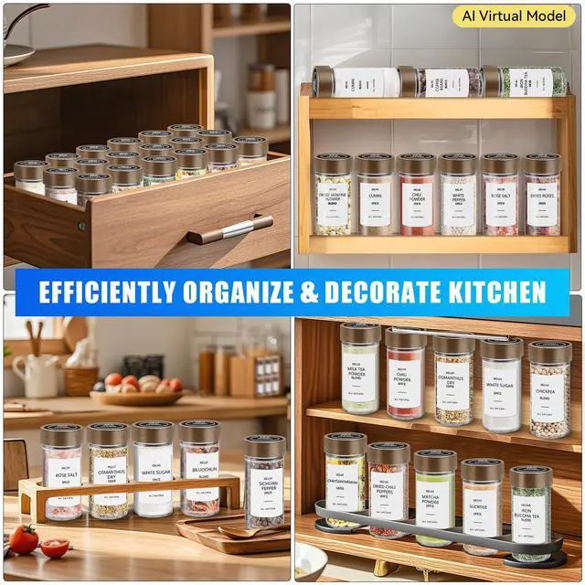 Alt view image 6 of 7 - 12 Pack Spice Jars with Acacia Lids, 4 oz Round Glass Jars Spice Containers Set with Labels, Pen, Funnel, Seasoning Storage Bottles with Shaker Lids for Rack, Cabinet, Drawer