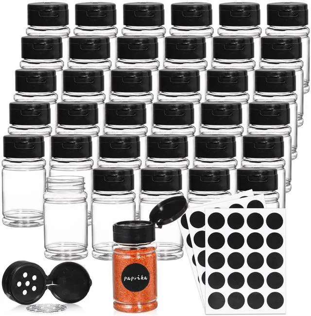 Main image of 36 Pack 2.7 Oz Small Plastic Spice Bottles with Black Shaker Lids and Labels, Empty Plastic Jars with Lids, Seasoning Shaker Containers for Travel, Camping, Glitter, Gift, Party Favors - Clear