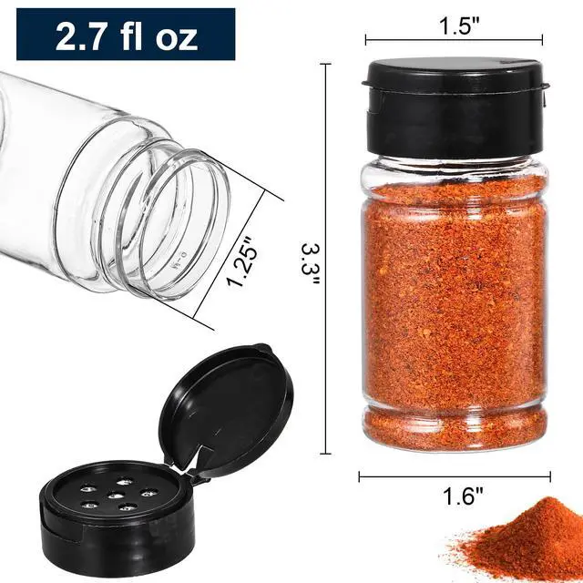 Alt view image 2 of 7 - 36 Pack 2.7 Oz Small Plastic Spice Bottles with Black Shaker Lids and Labels, Empty Plastic Jars with Lids, Seasoning Shaker Containers for Travel, Camping, Glitter, Gift, Party Favors - Clear