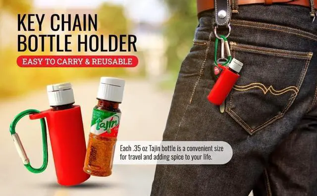Alt view image 2 of 5 - Portable 0.35oz Tajín Seasoning Bottle | On-the-Go Chili-Lime Flavor Enhancer Silicone Keychain Holder with Carabiner | Mini Travel Spice Kit (5 Pack)