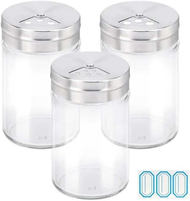 Main image of Spice Jars, 3 Pack 3 oz Spice Bottles with Shaker Lids, Glass Empty Seasoning Containers with Adjustable Pour Holes for Kitchen Spice Storage Stainless Steel Flow Top Salt and Pepper Shakers