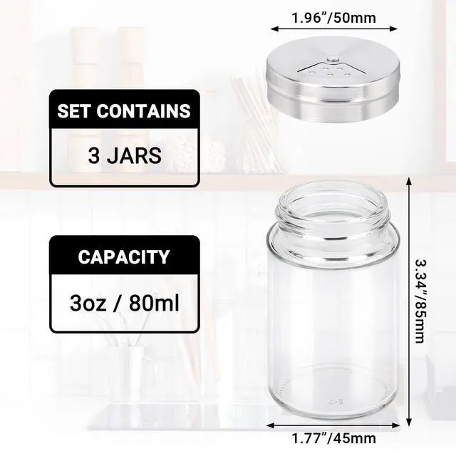 Alt view image 2 of 7 - Spice Jars, 3 Pack 3 oz Spice Bottles with Shaker Lids, Glass Empty Seasoning Containers with Adjustable Pour Holes for Kitchen Spice Storage Stainless Steel Flow Top Salt and Pepper Shakers