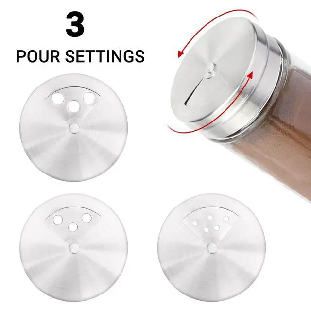 Alt view image 3 of 7 - Spice Jars, 3 Pack 3 oz Spice Bottles with Shaker Lids, Glass Empty Seasoning Containers with Adjustable Pour Holes for Kitchen Spice Storage Stainless Steel Flow Top Salt and Pepper Shakers