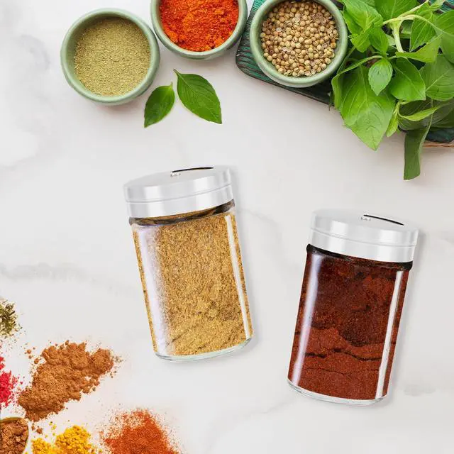 Alt view image 6 of 7 - Spice Jars, 3 Pack 3 oz Spice Bottles with Shaker Lids, Glass Empty Seasoning Containers with Adjustable Pour Holes for Kitchen Spice Storage Stainless Steel Flow Top Salt and Pepper Shakers