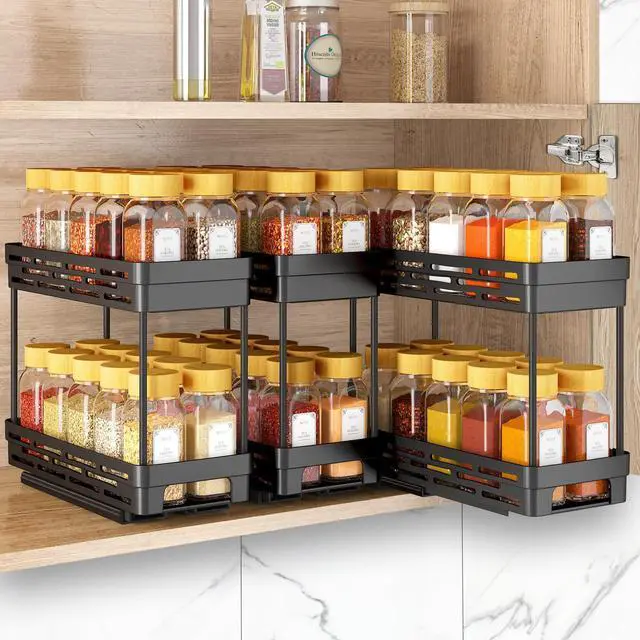 Main image of Pull Out Spice Rack Organizer for Cabinet, 3 Packs Slide Out Spice Racks Organizer, Spice Cabinet Organizers, Cabinet Size Need:12'' Highx11'' Deepx5'' Wide,Each Tier Hold 10 Spice Jar - 2 Tier, Black