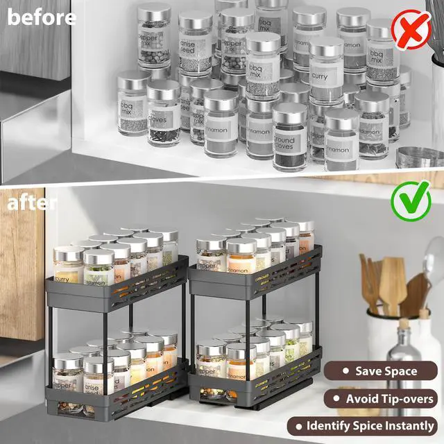 Alt view image 6 of 7 - Pull Out Spice Rack Organizer for Cabinet, 3 Packs Slide Out Spice Racks Organizer, Spice Cabinet Organizers, Cabinet Size Need:12'' Highx11'' Deepx5'' Wide,Each Tier Hold 10 Spice Jar - 2 Tier, Black