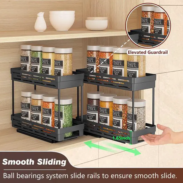 Alt view image 5 of 7 - Pull Out Spice Rack Organizer for Cabinet, 3 Packs Slide Out Spice Racks Organizer, Spice Cabinet Organizers, Cabinet Size Need:12'' Highx11'' Deepx5'' Wide,Each Tier Hold 10 Spice Jar - 2 Tier, Black