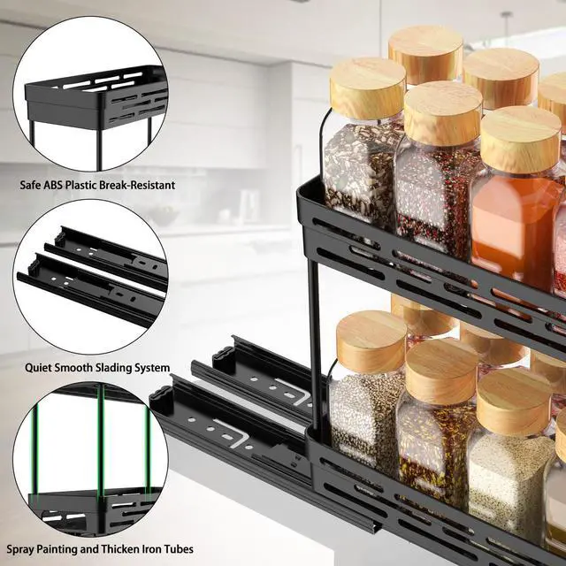 Alt view image 7 of 7 - Pull Out Spice Rack Organizer for Cabinet, 3 Packs Slide Out Spice Racks Organizer, Spice Cabinet Organizers, Cabinet Size Need:12'' Highx11'' Deepx5'' Wide,Each Tier Hold 10 Spice Jar - 2 Tier, Black