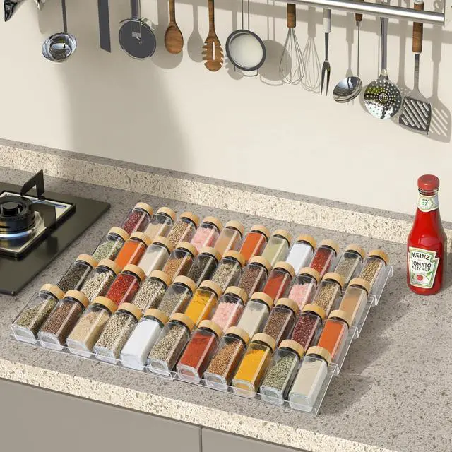 Alt view image 6 of 7 - Spice Drawer Organizer 4 Tier, Acrylic Seasoning Organizer Rack, Clear Spice Rack Tray, Kitchen Seasoning Jars Drawers Insert (Jars Not Included/Expandable From 9" to 18")