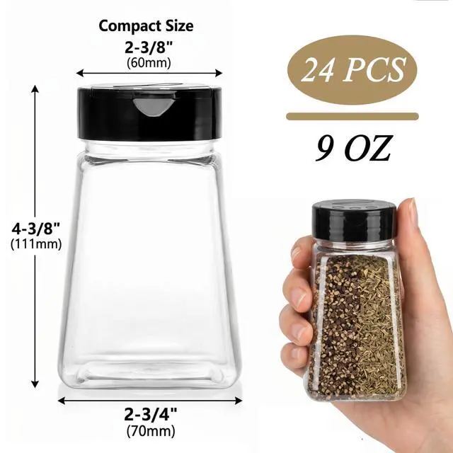 Alt view image 2 of 7 - 24 Pack 9 Oz Plastic Spice Jars with Black Cap, Reusable Seasoning Containers Bottles for Kitchen Organization, Clear Plastic Spice Container with Shaker Lids for Spices Powders Herbs