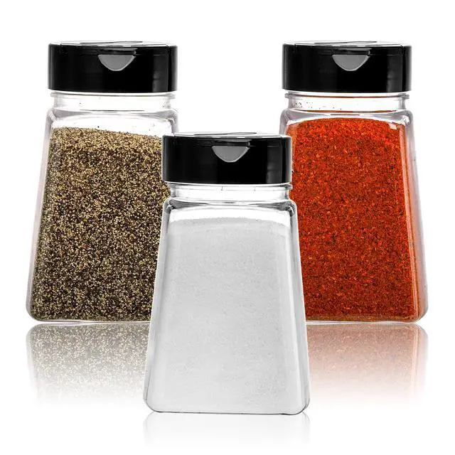 Alt view image 4 of 7 - 24 Pack 9 Oz Plastic Spice Jars with Black Cap, Reusable Seasoning Containers Bottles for Kitchen Organization, Clear Plastic Spice Container with Shaker Lids for Spices Powders Herbs
