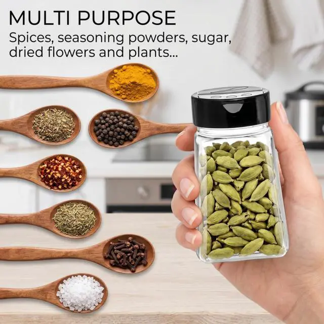 Alt view image 6 of 7 - 24 Pack 9 Oz Plastic Spice Jars with Black Cap, Reusable Seasoning Containers Bottles for Kitchen Organization, Clear Plastic Spice Container with Shaker Lids for Spices Powders Herbs