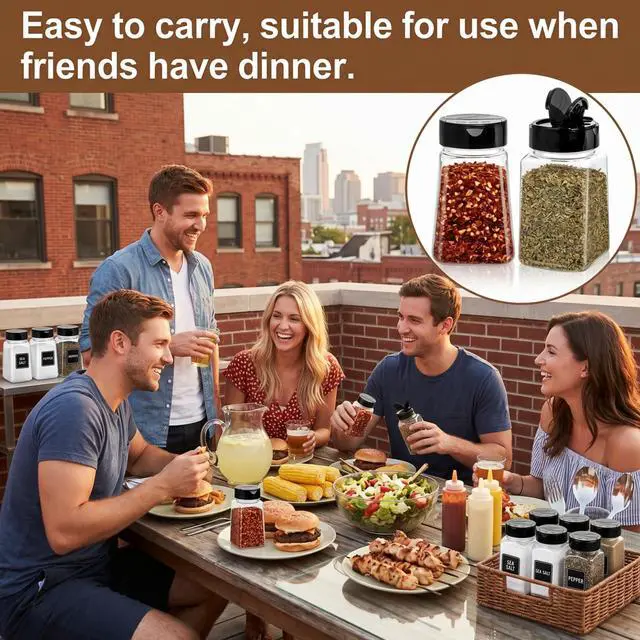 Alt view image 7 of 7 - 24 Pack 9 Oz Plastic Spice Jars with Black Cap, Reusable Seasoning Containers Bottles for Kitchen Organization, Clear Plastic Spice Container with Shaker Lids for Spices Powders Herbs