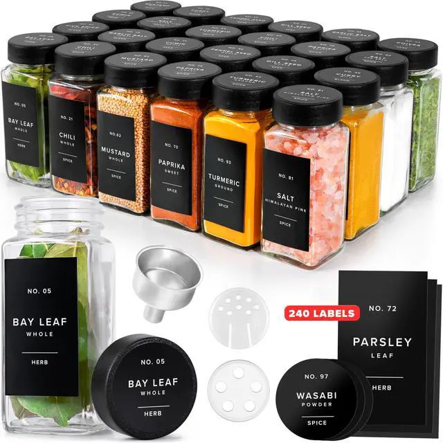 Main image of Glass Spice Jars with Labels (24 x 4oz) Spice Containers with 240 Labels, Shaker Inserts, Funnel, Empty Square Empty Square Seasoning Organizer (Black Lids)