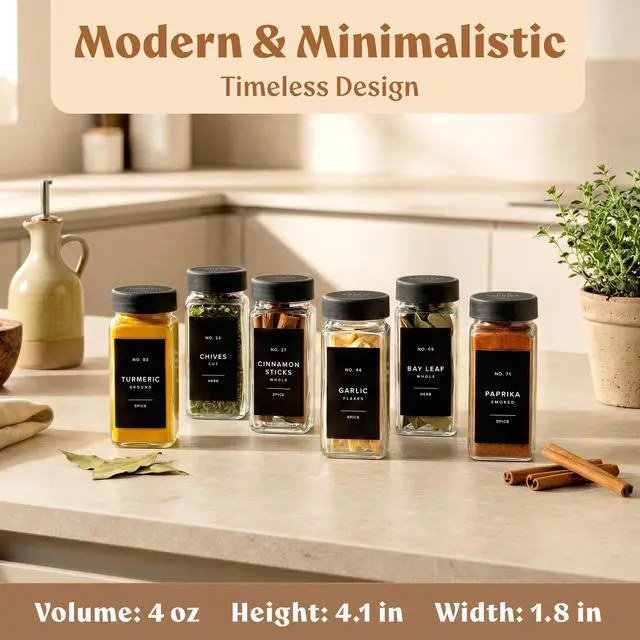 Alt view image 2 of 7 - Glass Spice Jars with Labels (24 x 4oz) Spice Containers with 240 Labels, Shaker Inserts, Funnel, Empty Square Empty Square Seasoning Organizer (Black Lids)